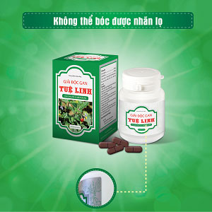 2.    Nhãn trên lọ Giải độc gan Tuệ Linh màu trắng bạc, in hoa văn cà gai leo màu xanh, và KHÔNG THỂ BÓC ĐƯỢC 1